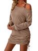 European & American Cross-Border Knitted Slim Fit Ribbed Dress with Ruffle & Drawstring, Long Sleeve, Autumn/Winter Fashion 2025