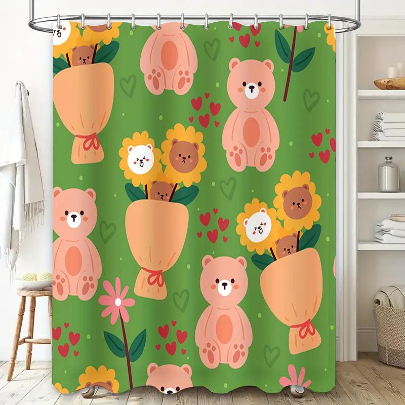 Animal-themed shower curtain with bears, lions, sunflowers perfect for a bathroom refresh!