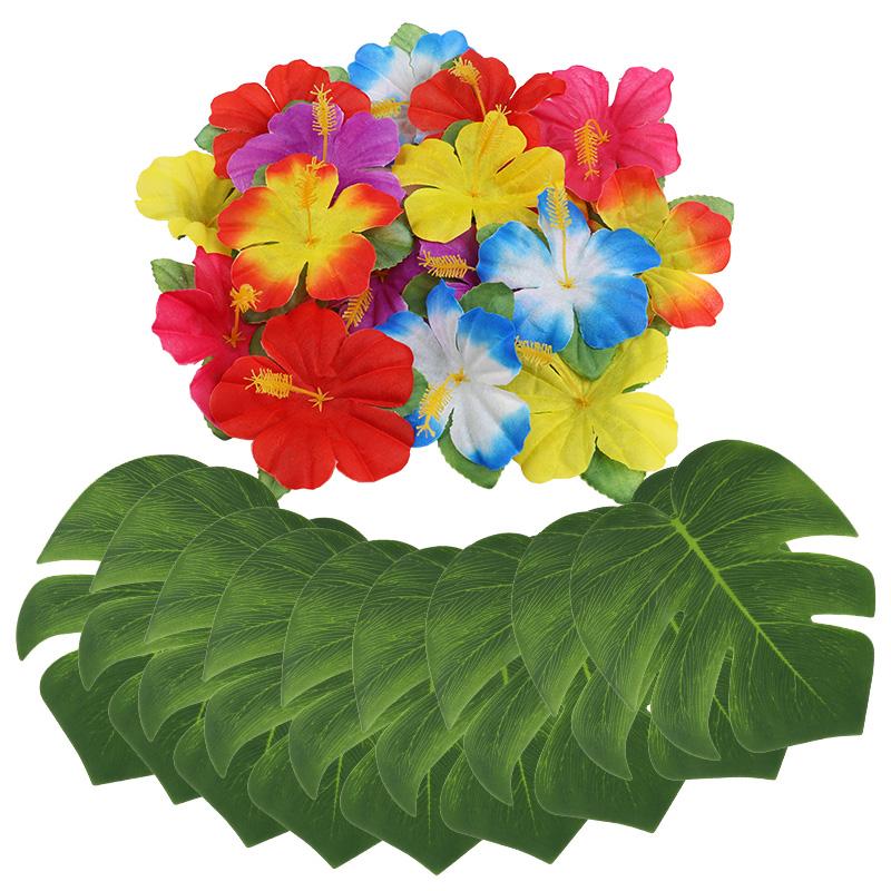 Artificial Tropical Palm Leaves Hibiscus Flowers for Hawaiian Luau Tropical Party Table Decoration Wedding Jungle Birthday Decor