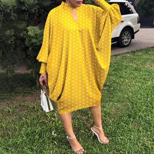 European Beautiful Women's Long-sleeved Holiday Party Dress Casual Loose Polka Dot Print Medium and Long Dress