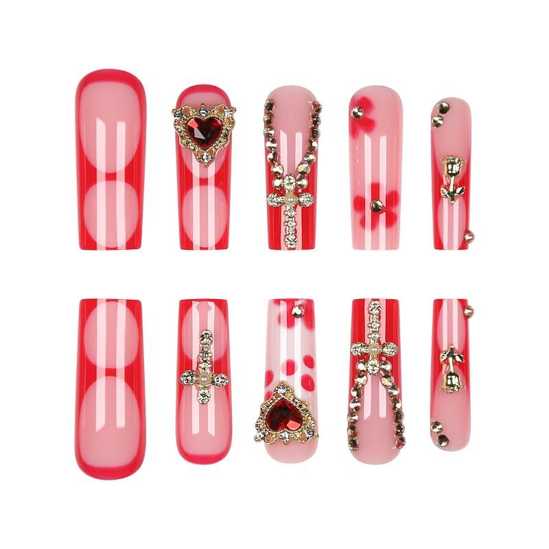 European and American long water pipe nail big red French fake nail gold rose cross point diamond nail piece wear nail
