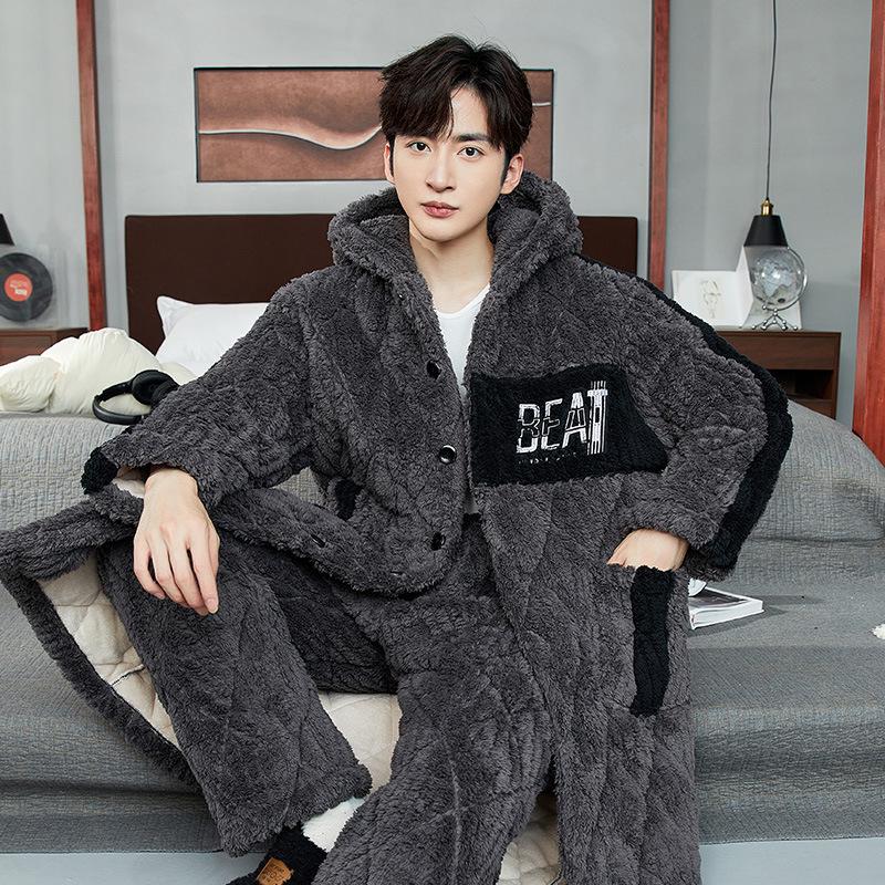 

Мужская стеганая зимняя пижама: Трехслойная, толстая велюровая коралловая флисовая хлопковая куртка для дома XL (Height ~175cm, Weight ~125-150kg)