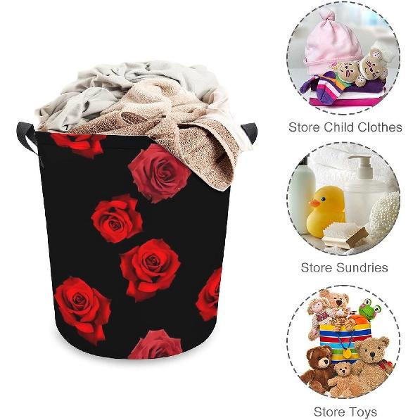 Red Roses on Black Laundry Basket, Collapsible Dirty Clothes Hamper With Handle, Suitable of Bedroom, Bathroom, Dormitory, farmhouse, Toy Basket,