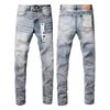 Mens Slim Fit Distressed Denim Jeans With Embroidered Patch Vintage Ink Wash Stretch Cotton Streetwear Style
