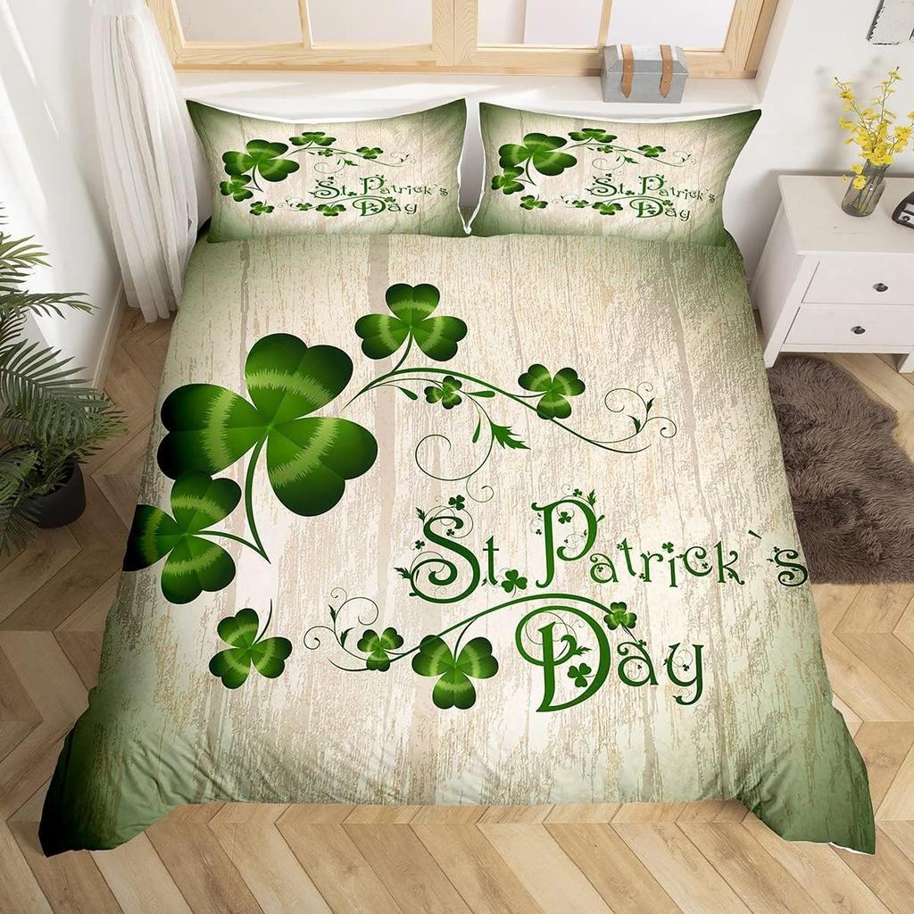 Kids Happy St. Patrick'S Day Duvet Cover Twin Queen Green Clover Comforter Cover With 2 Pillowcases, Colorful Plank Bedding Set