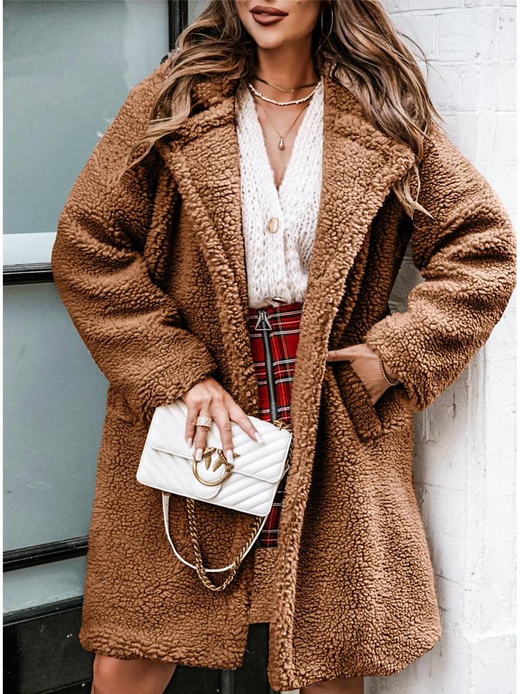 2025 Autumn/Winter Women's Plush Top - Furry Long-Sleeve with Turn-Down Collar