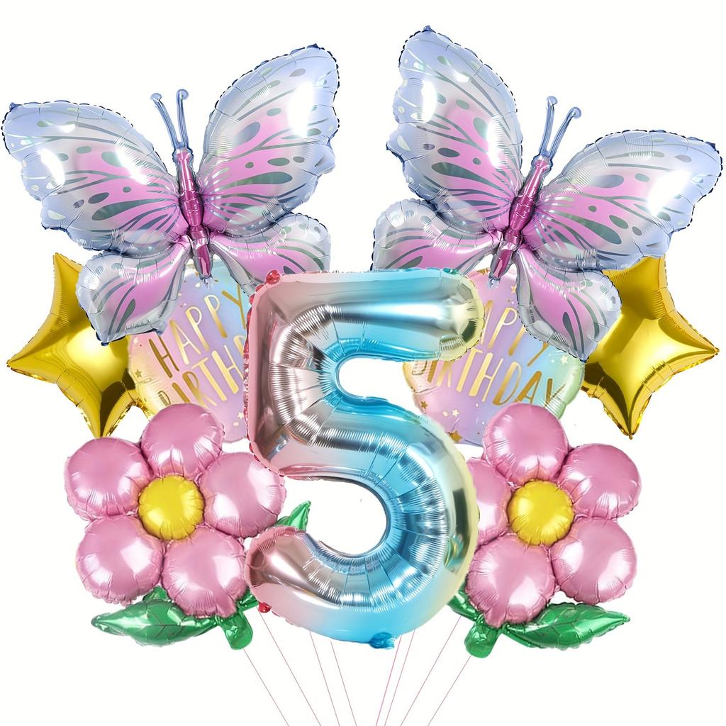 Butterfly Theme Daisy Stars Gradual Change Color Digital Aluminum Film Balloon Set Birthday Party Decoration Props