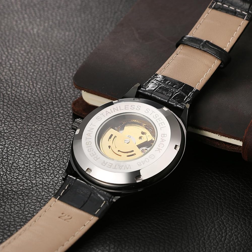 Men's Automatic Mechanical Watch Black Leather Strap Stainless Steel Luminous Roman Numerals Water Resistant Casual Wear