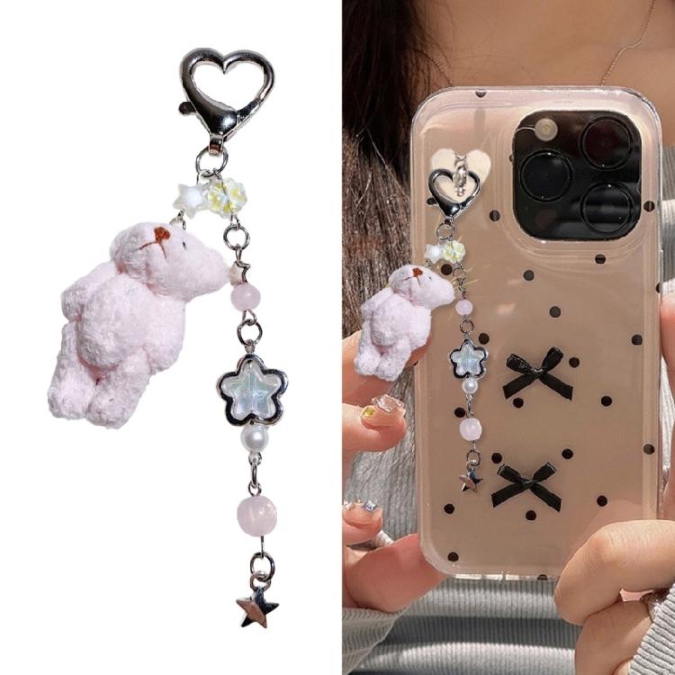 Bead Chain Adorned Bear Keyring Plush Animal Keychain Pendant Handmade Phone Charm Unique Gift for Children and Teens