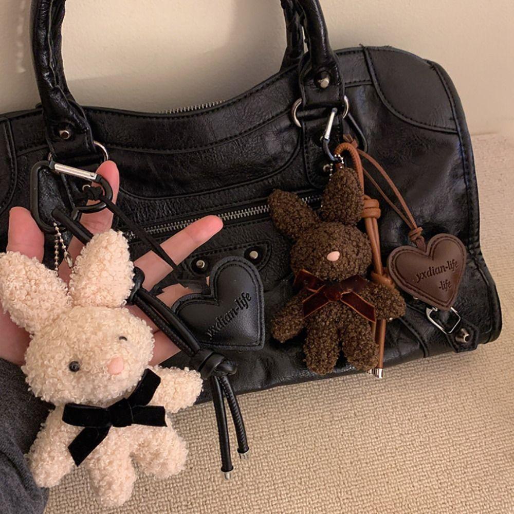 Cute Plush Bunny Keychain Cartoon Doll Kawaii Leather Heart Pendant Bag Charm Couples