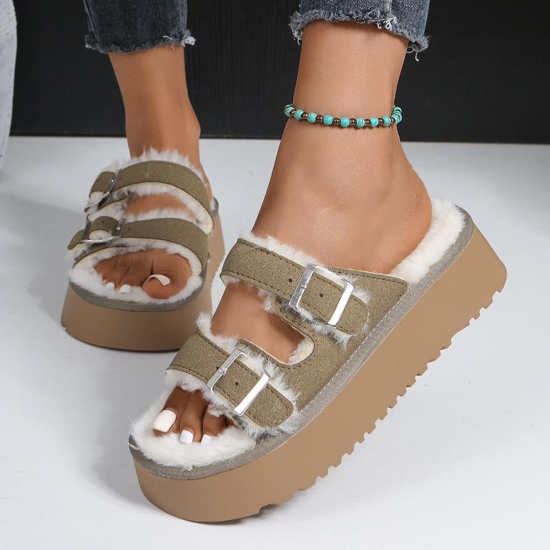 Fashion Fashion Platform Slippers Winter New Round Toe Open Toe Metal Buckle Plus Wool Warm Cotton Mopping