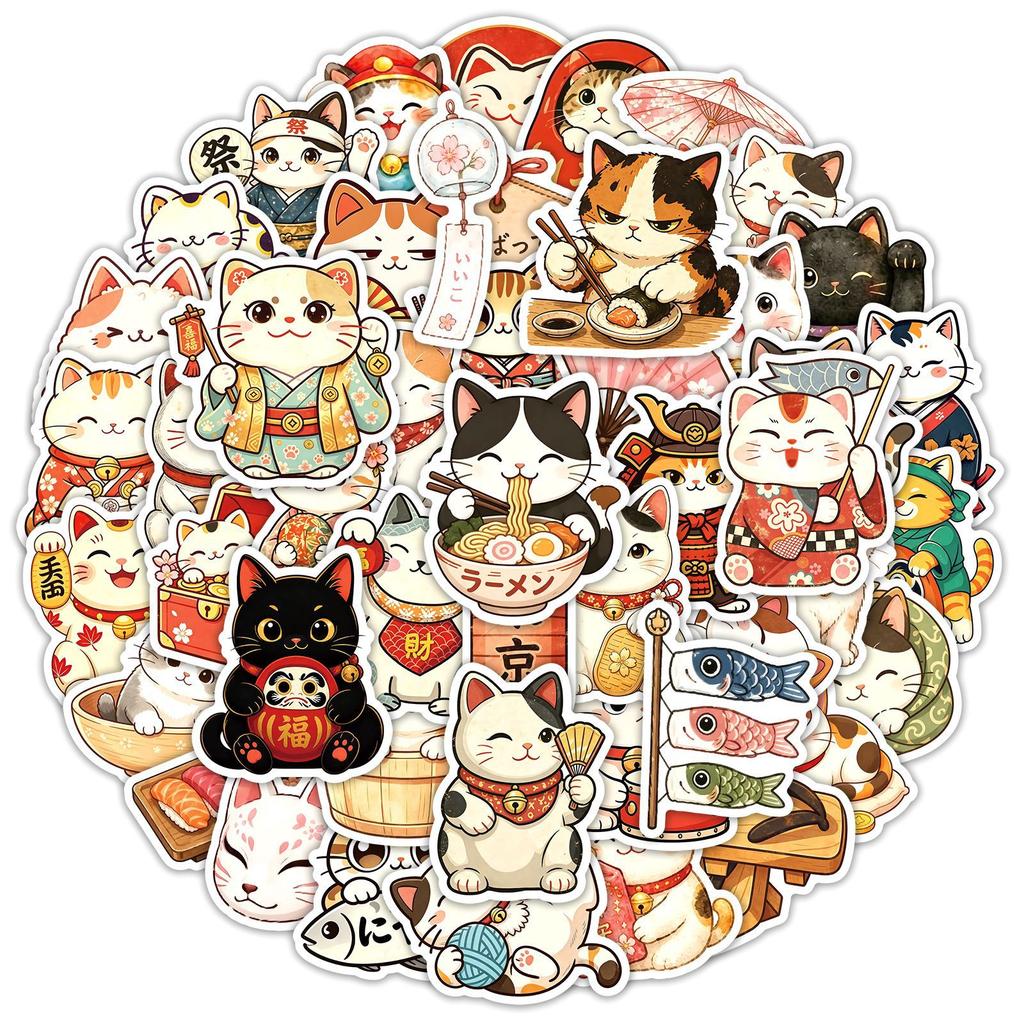 50Pcs Retro Japanese-Style Ambiance Cats Stickers Cute Cat Creative Cartoon Decal Diy Luggage Phone Guitar Scrapbook Kid Toys