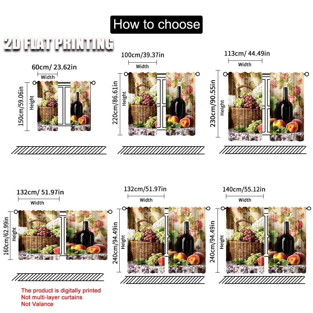 2Pcs Farmhouse Kitchen Curtains Vintage Grapes Fruits Oil Painting Rustic Flower Wine Art Printed Retro Country Living Room