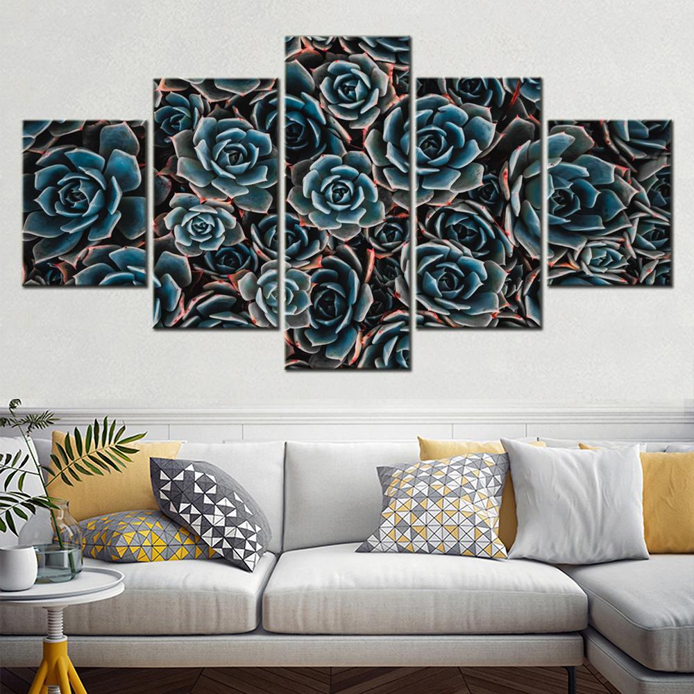 5 Pieces Canvas Painting Flowers Teal Echeveria Wallpaper Decorative Wall Pictures Home Decor Modern Living Room Mural Poster No Frame