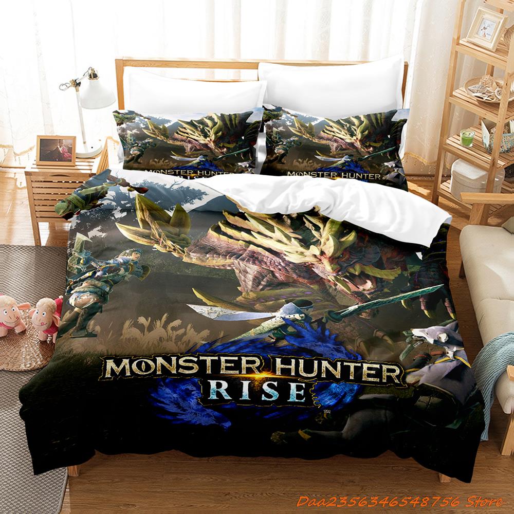 Comforter Personelity Monster Hunter Rise Bedding Set Cartoon Anime Three-Piece Set Adult Kid Bedroom Three-Piece Suits 3D Game Monst