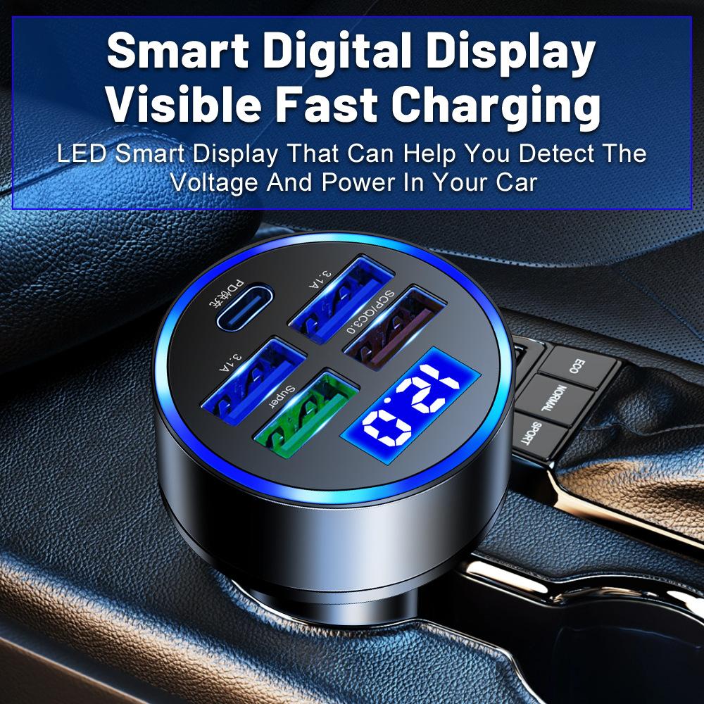 PD QC30 Car Charger 5 Ports Fast Charge USB C 250W LED Phone Charger Type C Adapter for Iphone Samsung Huawei Xiaomi
