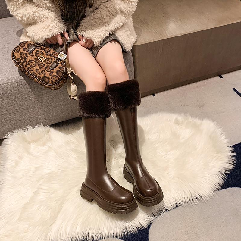 Fur Flats Platform Women High Boots Fad Mid Heels Shoes Plush Warm Knee High Snow Boots Winter 2025 Trend Goth Pumps Botas Mujer