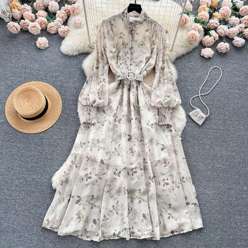 Autumn Elegant Dresses for Women Long Puff Sleeve Stand Collar Lapel Single Chiffon Floral Print Vestidos Skinny Dress Dropship