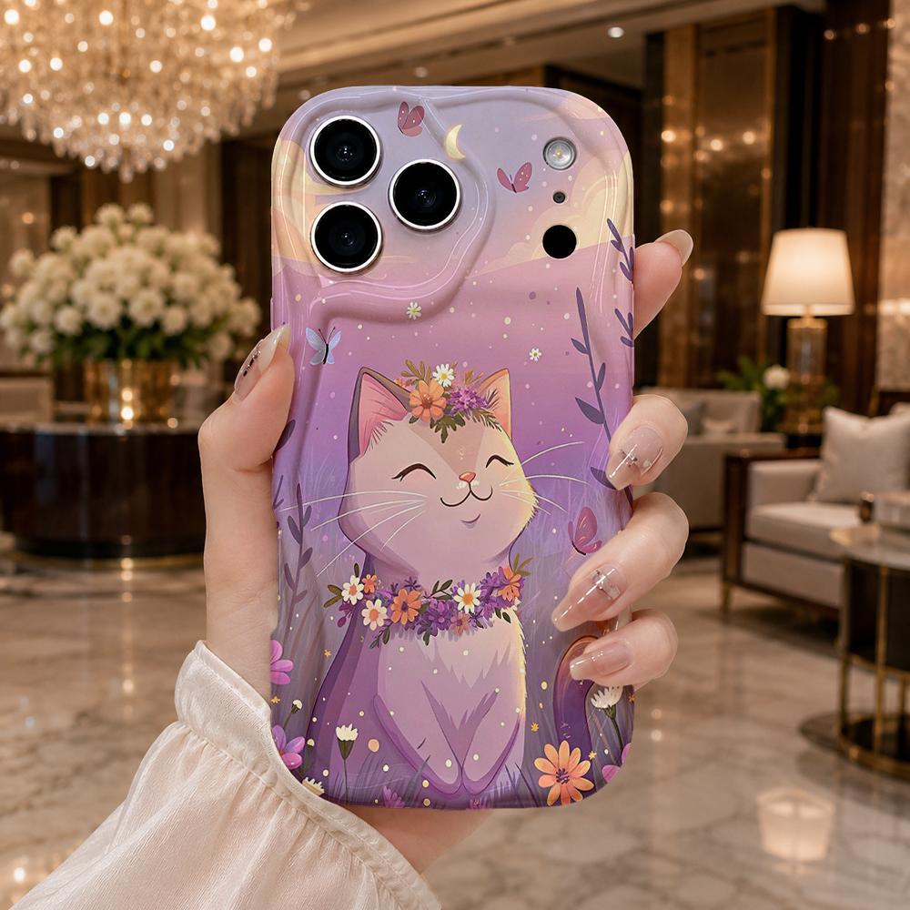 Purple Gradient Flower Cat Wavy Edge Phone Case For iPhone 16 15 14 Pro Max 13 12 11 Mini XR XS SE 2020 7 8 Plus Air