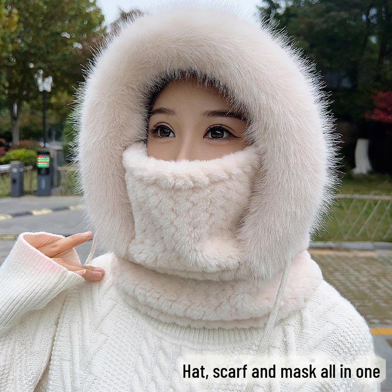 

Новая зимняя шапка Lei Feng с бархатной подкладкой, защитой от холода, маской и шарфом — для велоспорта на открытом воздухе, ветрозащитная и теплая One Size бежевый