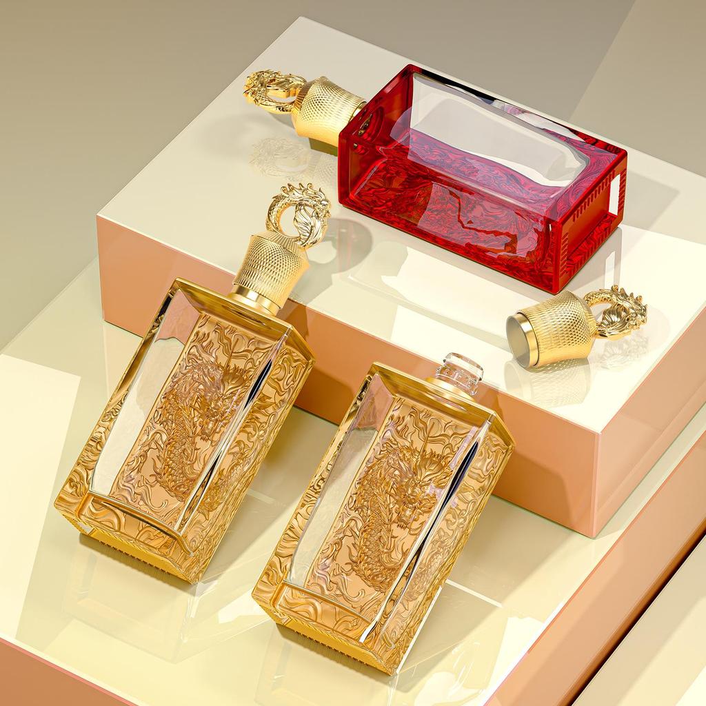 Luxury Dragon Pattern Embossed Glass Baijiu Gift Set - Crystal White Material Wine Bottle