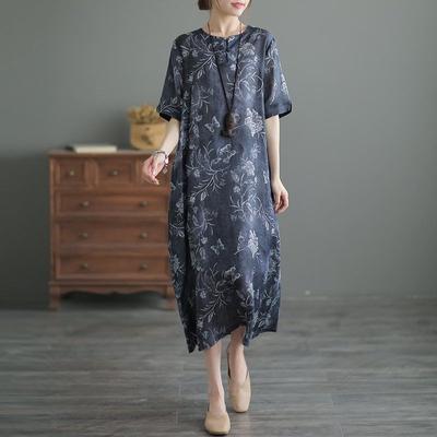 Summer New Artistic Retro Ethnic Style Improved Edition Printed Loose Ramie Qipao Dress