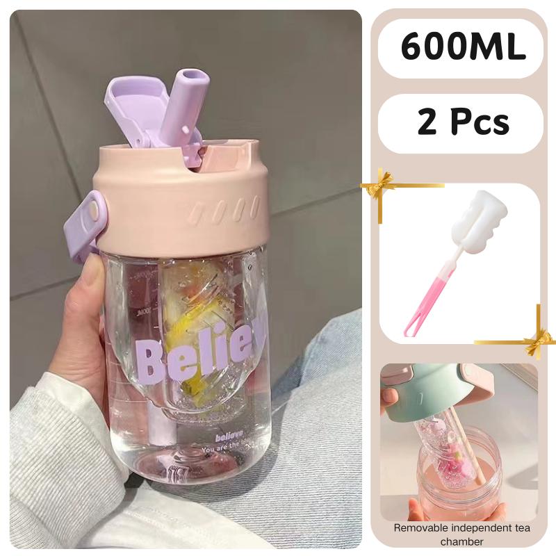 600ml Large Capacity Sports Water Bottle With Hidden Straw Portable Sealed Leak-Proof Plastic Space Cup Outdoor Travel Camping