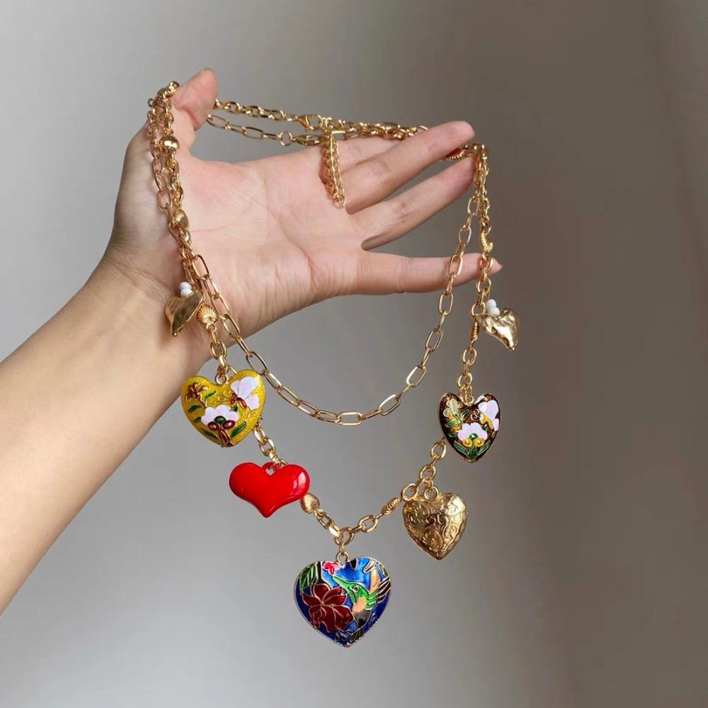 Unique Multi-Layer Enamel Necklace Drip Oil Gold Heart and Butterfly Pendant Vintage Retro Bohemian Collarbone Chain Gift