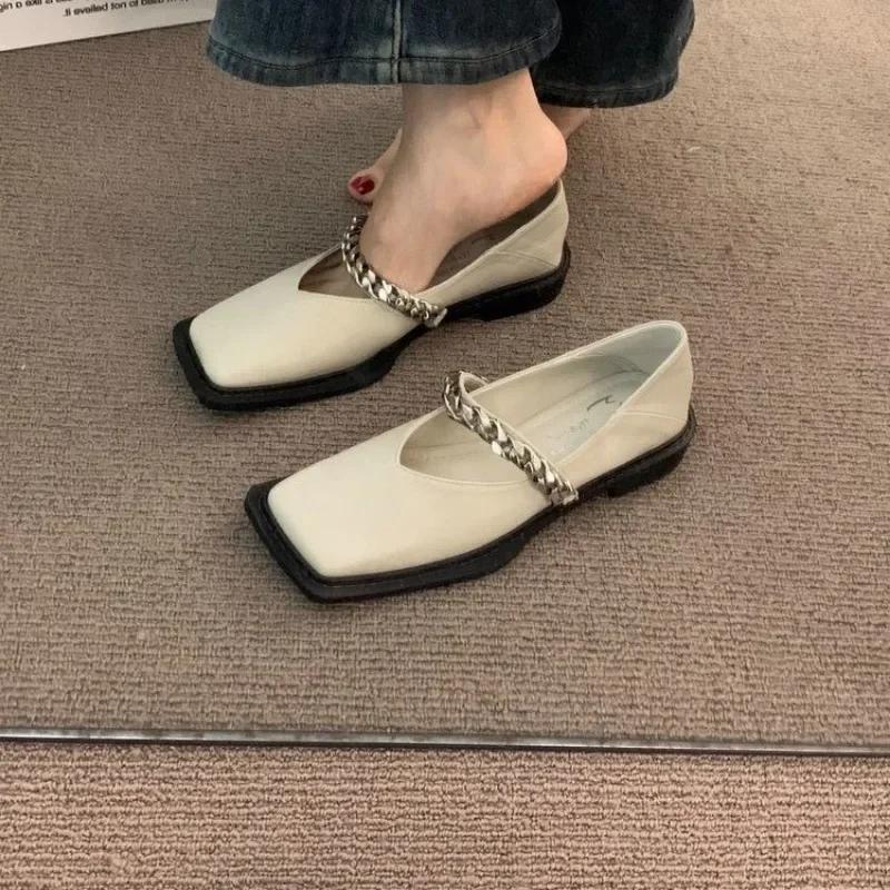 fashion Ladies Shoes on Sale 2024 Fashion One Kick Women's Flats Autumn Square Toe Chain Solid Low Heels Shallow Office Ladies Shoes
