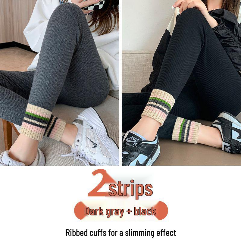 Women's Fleece-Lined High-Waist Leggings: New Autumn/Winter Style with Ribbed Ankle Cuffs, Slim Leg, and Warm Thread for Outdoor Wear.