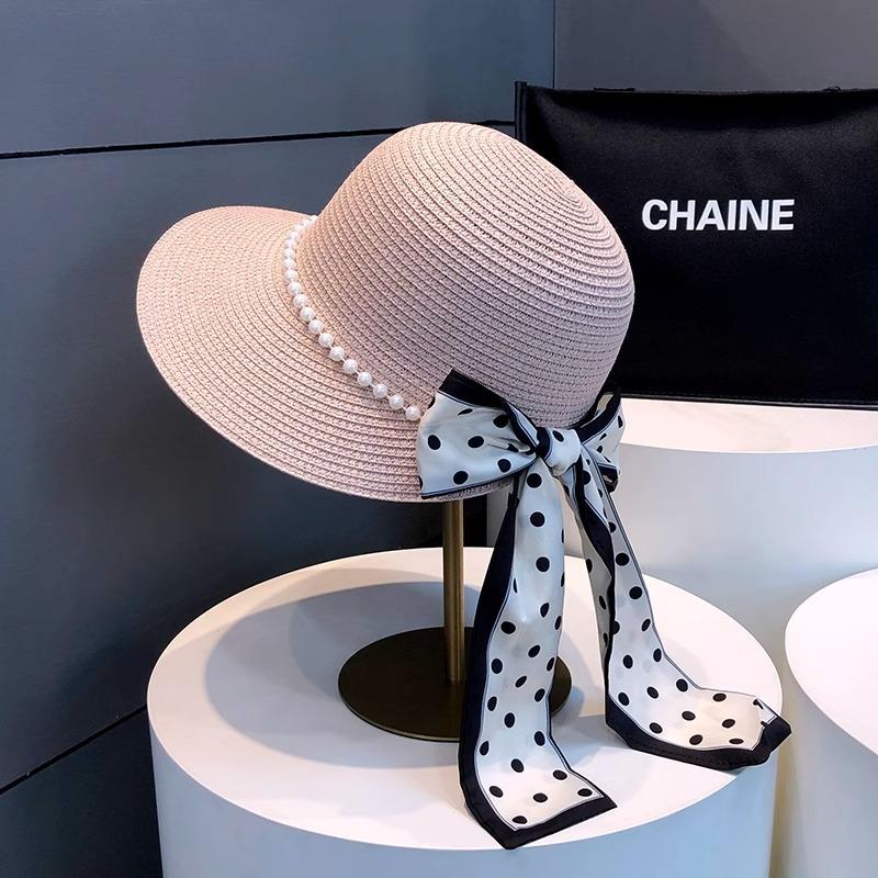 

Hat Female Summer Seaside Straw Big Brim Shade Beach Hat Show Face Small Bow Temperament Sun Hat Adjustable рожевий