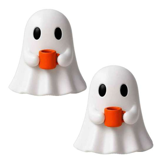 Whimsical Gnome Decor Ghost Drinking Coffee Figurine, Cute White Holding Orange Mug Statue, Spooky Charming Desktop Figurine Set Halloween Bar