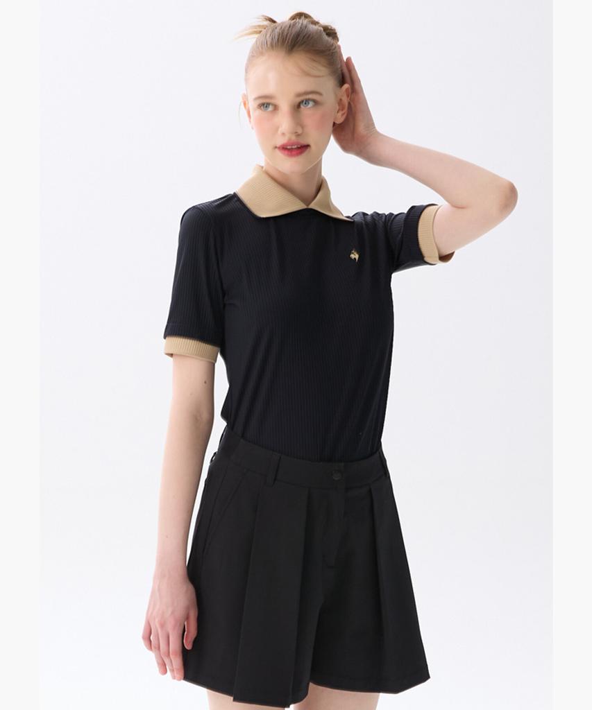 LECOQ GOLF Women'S Stretch Ribbed Contrast Collared Short Sleeve T-Shirt _Blck Gr222Lts51