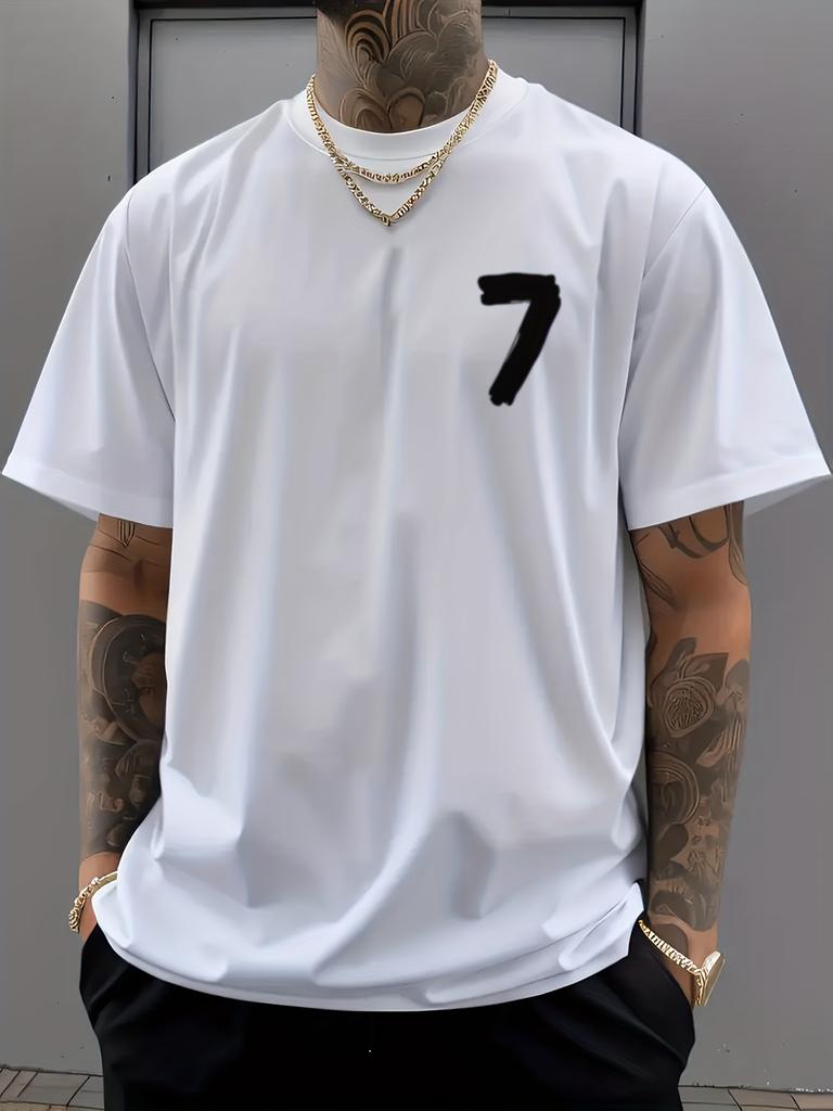 Edgy Brushstroke "7" Number Tee with Minimalist "Have A Good Day" Patch Print Men's T-shirt Summer Streetwear