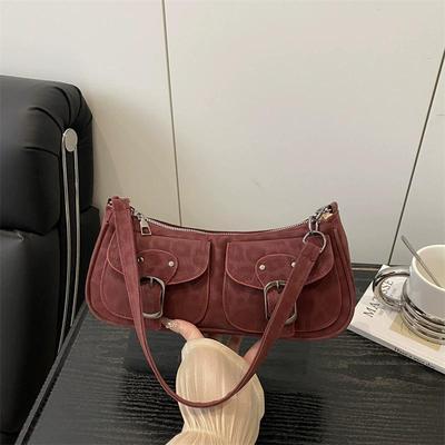 Women's Vintage Dual Pocket Shoulder Bag Zipper Closure Fashion Versatile Daily Handbag