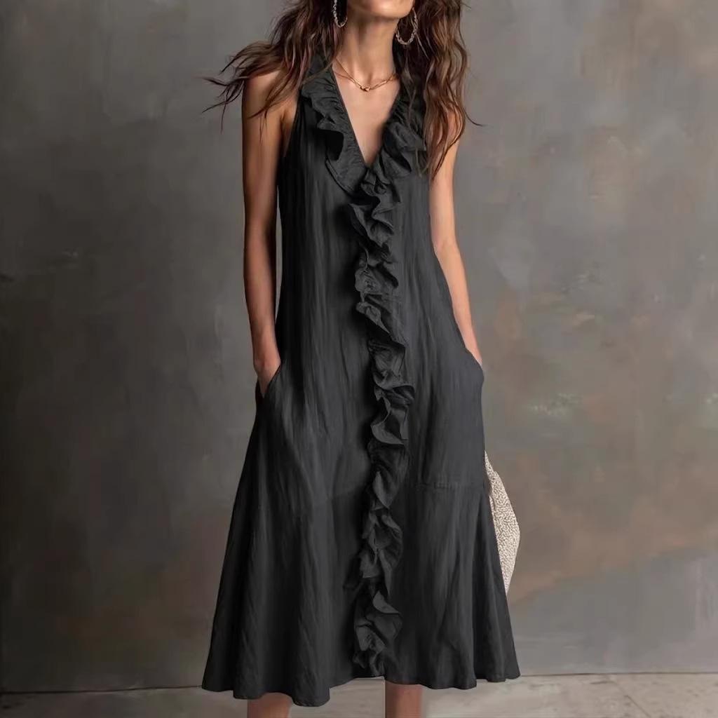 Women's Spring Summer Cotton Linen Midi Dress Sleeveless V Neck Ruffle Trim Loose A-Line Big Swing Casual Dress with Pockets for Vacation Daily Wear