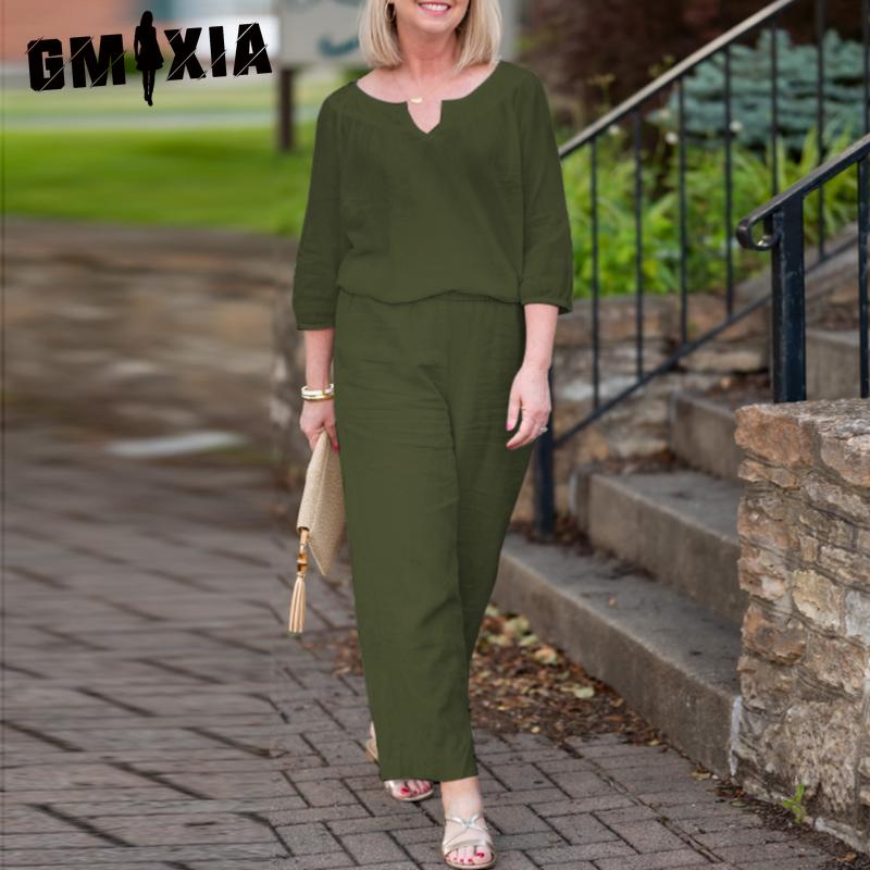 GMXIA Plus Size Women Casual Button Mid Sleeve Pocket Solid Colour Cotton V-Neck Top Pants Set