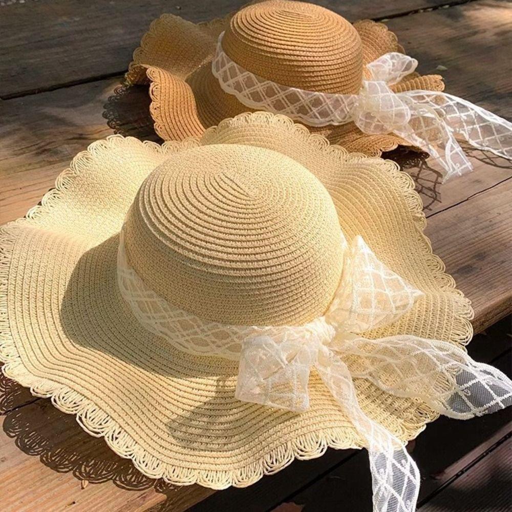 Big Brim Lace Straw Hat Spring Summer Women's Sun Hat Elegant Bow Ribbon Straw Hat  Lady