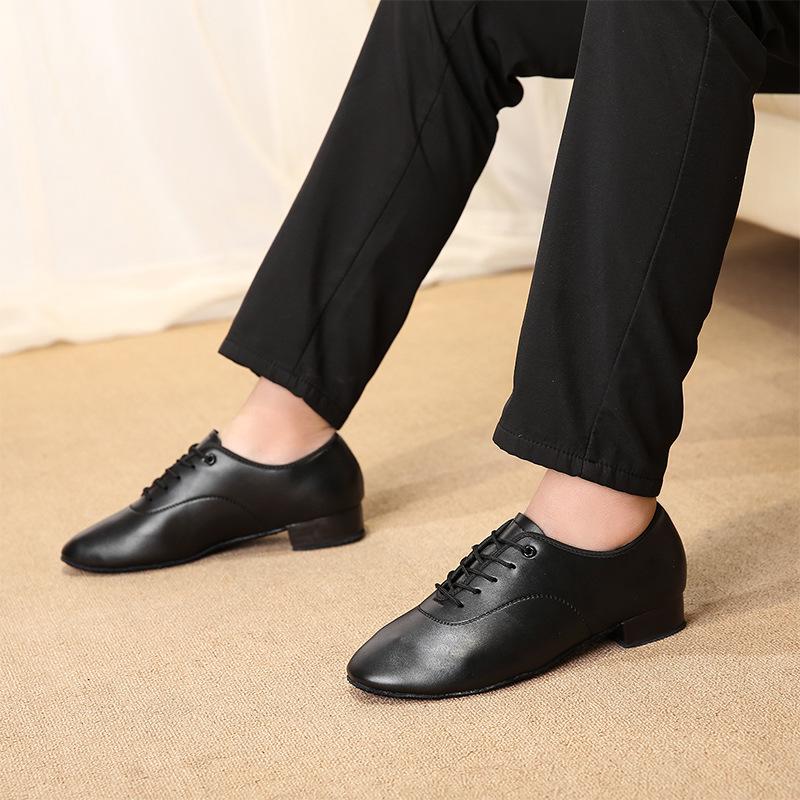 Men's Black & White Shiny Leather Low Heel Modern Dance Shoes with Soft or Fur Sole