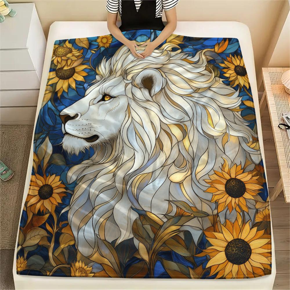 

White Lion with Sunflowers Print Flannel Blanket, High quality Comfortable for All Seasons, Home Decor, Warmth and Comfort 80cm x 120cm