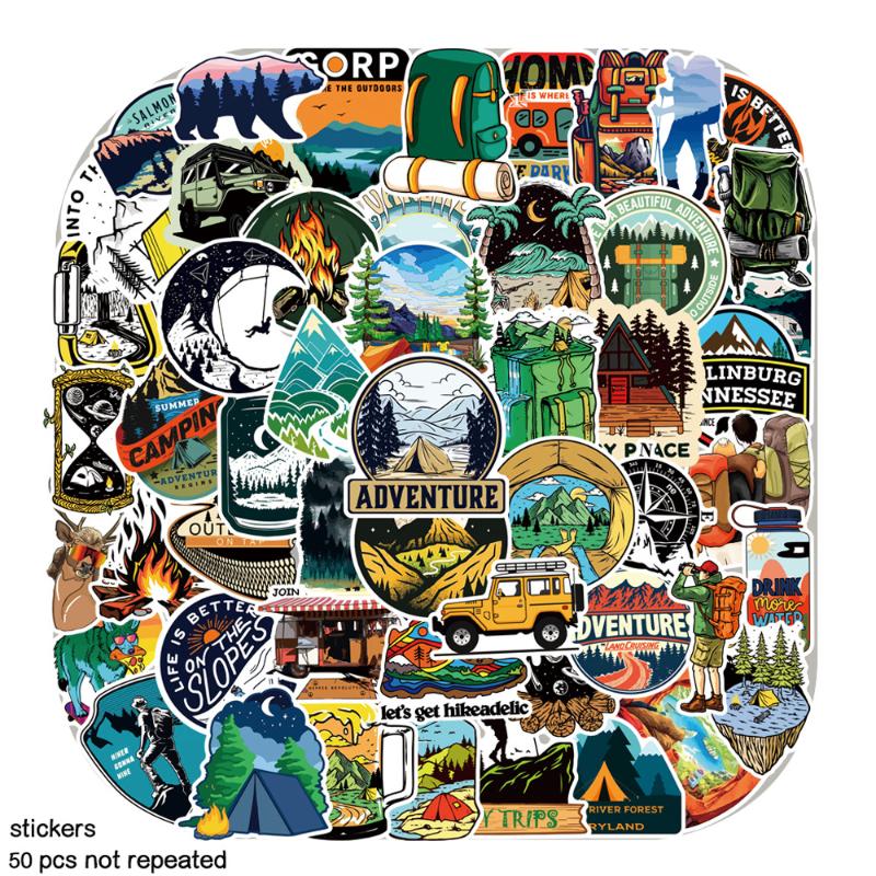 Forest Camping Stickers Cartoon Hiking Outdoor Scenery Decals for Laptop Luggage DIY Decoration 50pcs Set