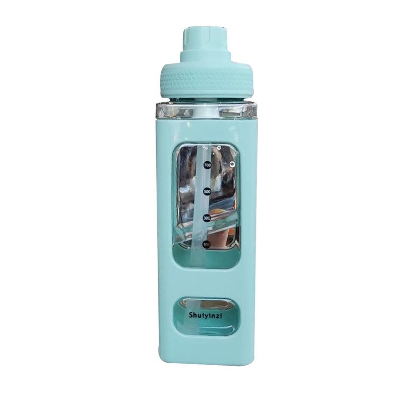 Quadratische Strohhalm-Plastik-Sportflasche - Doppelschichtig mit Griff