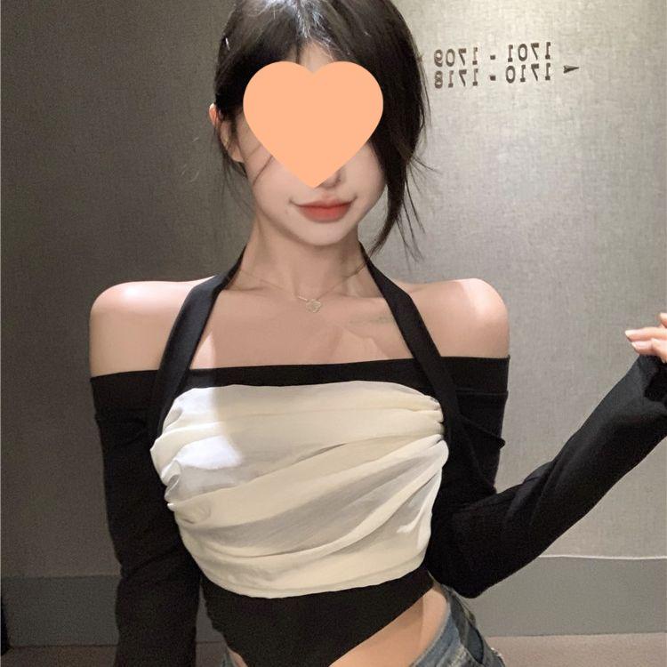 Autumn Chic Halterneck Mesh Patchwork One-Shoulder Top 