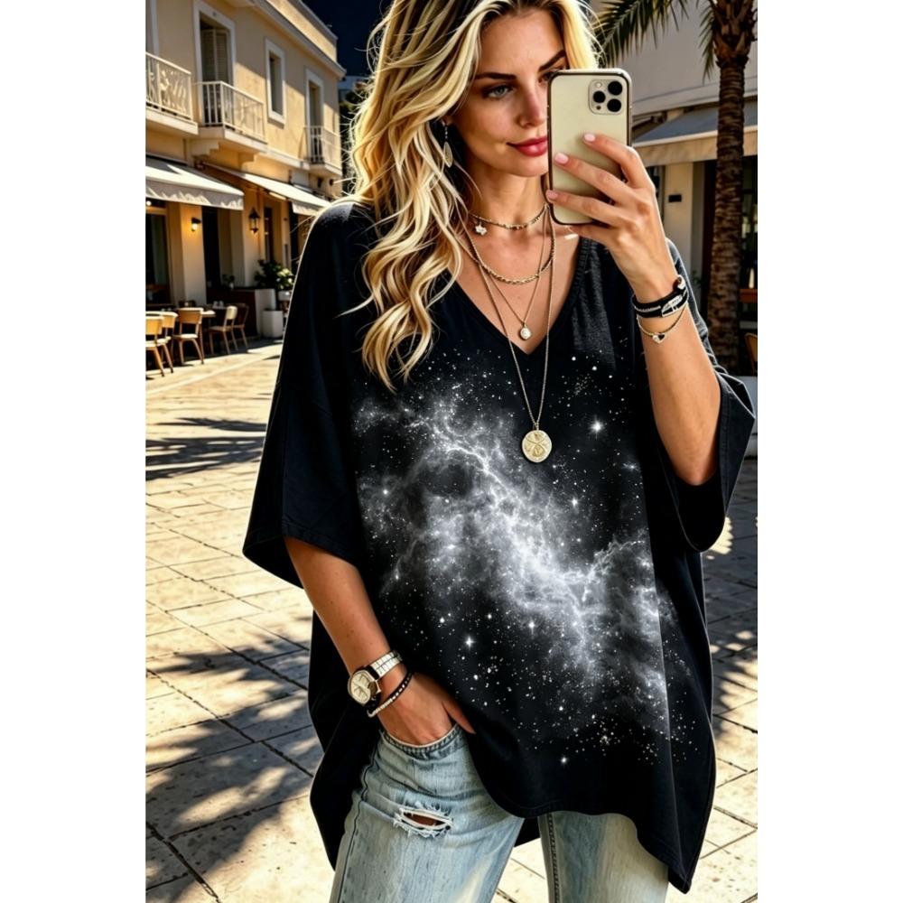 Women's 3D Printed T-shirt, Plus Size V-neck Women's Ethnic Style, European and American Art Three-quarters Bat Sleeve Casual Top