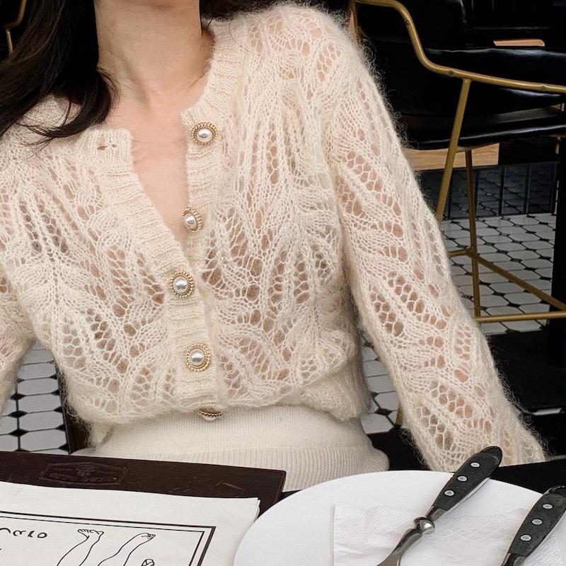 Vintage Elegant Female Cardigan Autumn Winter Long Sleeve Women Knitted Cardigan Sweater Fashion Hollow Out Sweaters Tops 16179