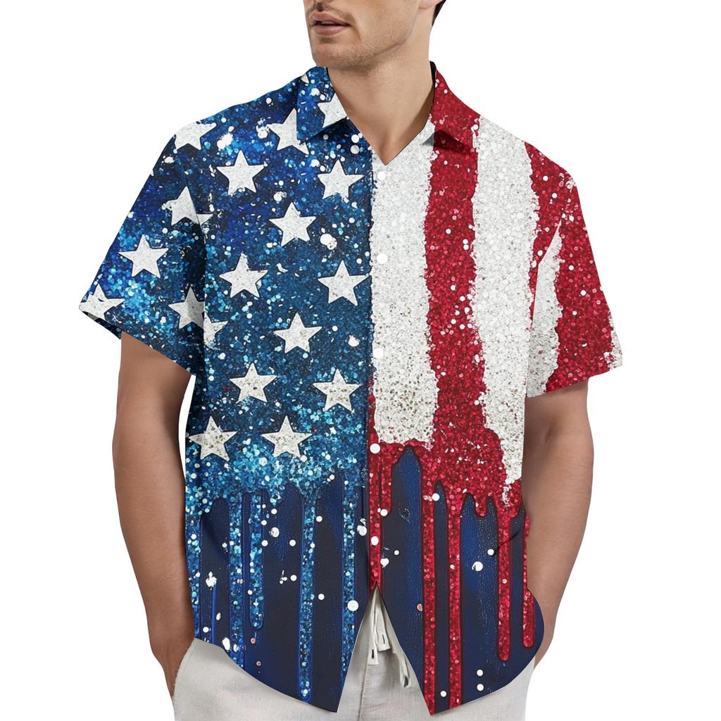 Men's Casual Stylish Flag Letter Print Shirt - Men's Lapel Short-sleeved Button-up Shirt