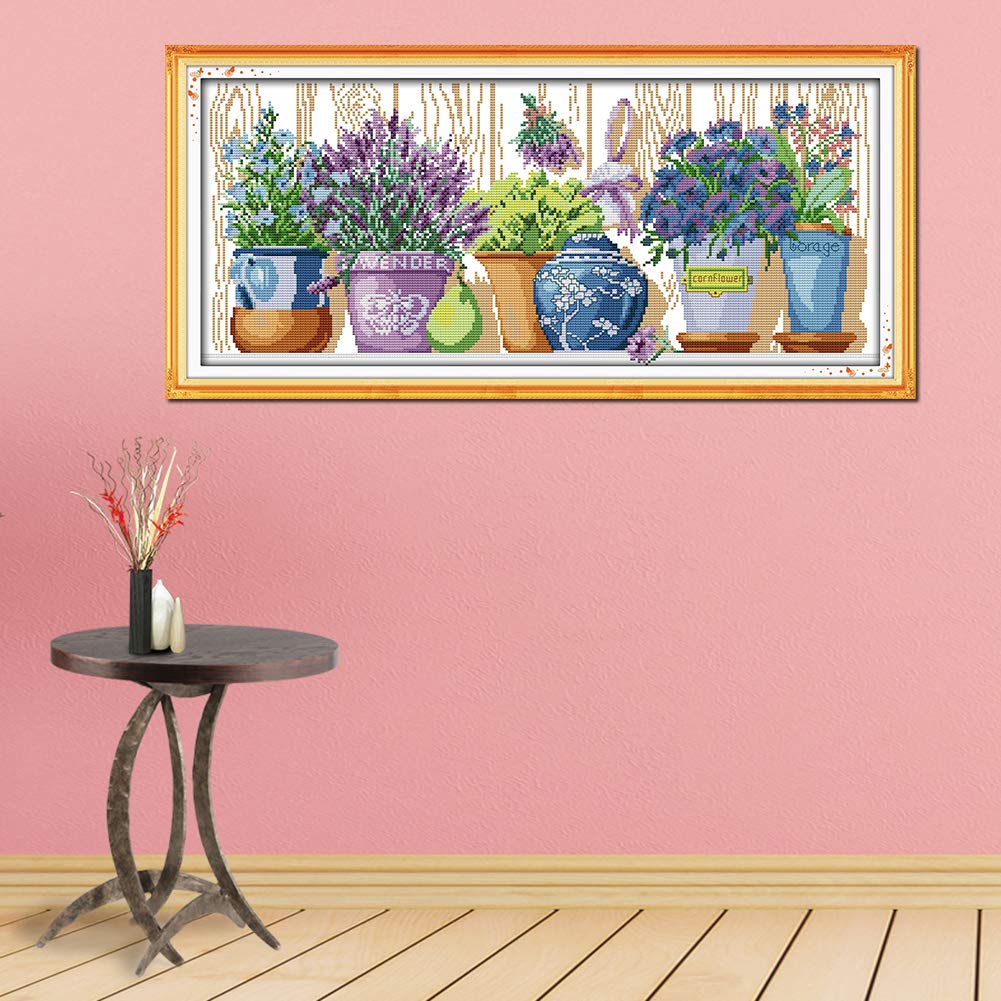 OWN4B Cross Stitch Embroidery Kit Printed 11ct Window Potted Plant Easy Embroidery Set for Beginners 72x35cm Cross Stitch Pattern,