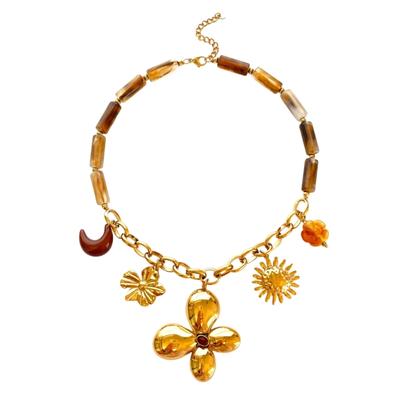 Fashionable Resin Beaded Necklace With Floral Sun Pendant Stainless Steel Neck Chain Retro Jewelry For Her
