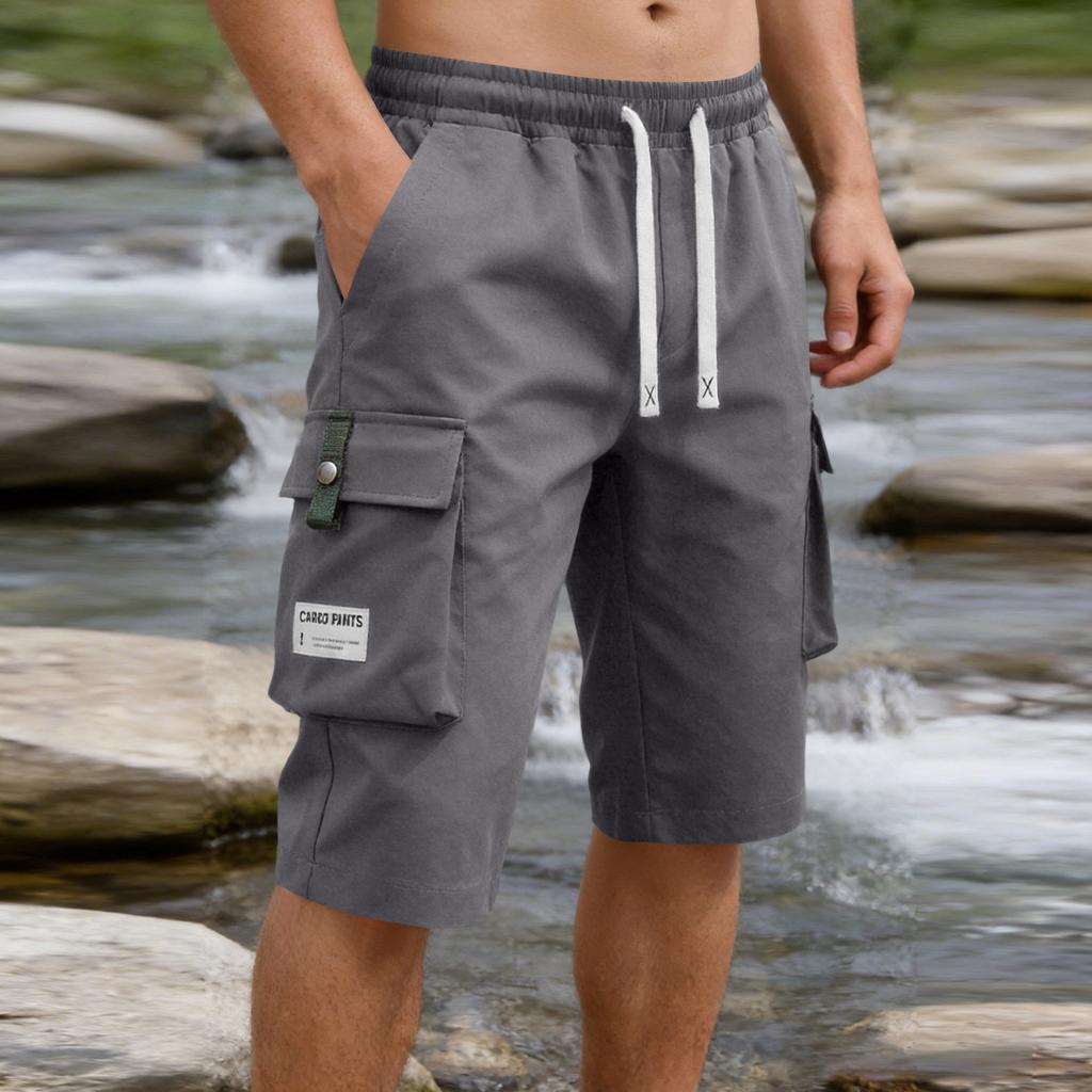 Men's Lightweight Cargo Shorts Elastic Waistband Drawstring Closure Loose Fit Straight Leg Multi Pocket Utility Shorts for Outdoor Activities