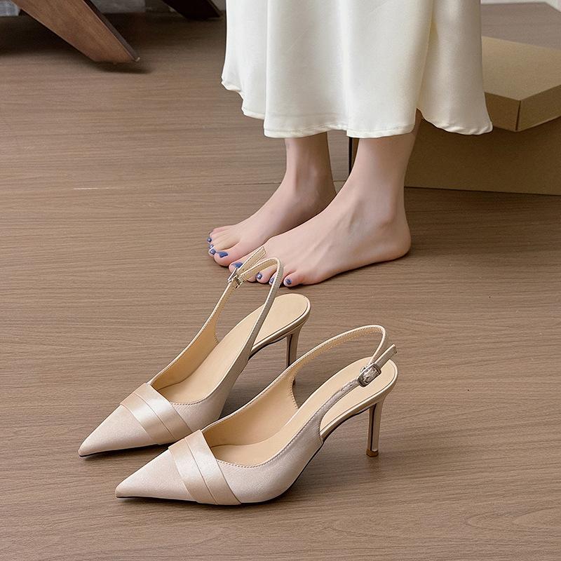 

Baotou thin heel sandals women s 2025 new pointed head temperament satin apricot one-word buckle with versatile sandals women 39